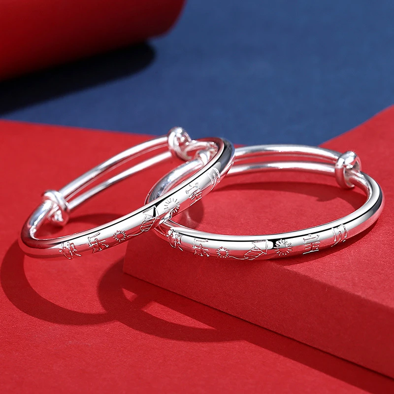 老凤凰快乐宝贝卡通9999足银宝宝手镯推拉式纯银镯子婴儿满月周岁