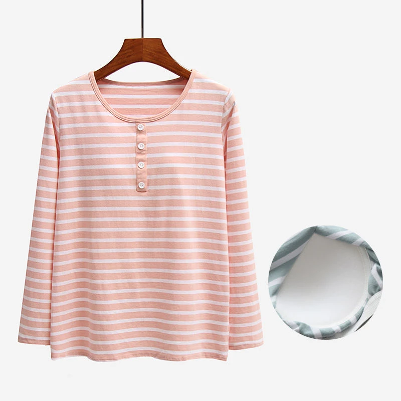 带胸垫长袖T恤女秋冬纯棉家居服上衣免文胸秋衣宽松版睡衣打底衫