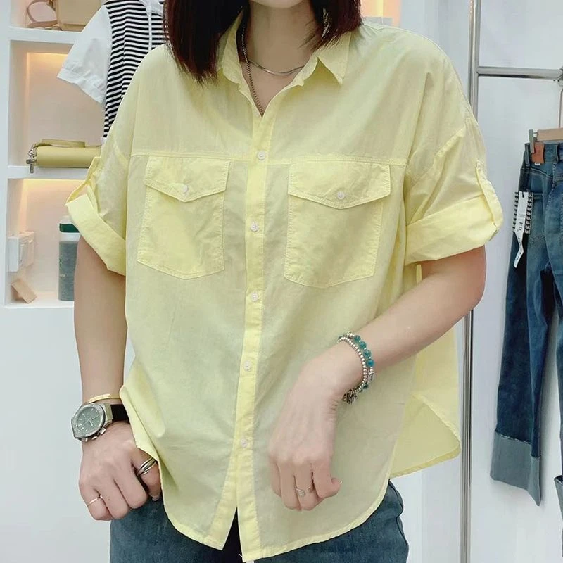 短袖纯棉衬衫女夏季2025新款双口袋翻领衬衣百搭宽松显瘦休闲上衣