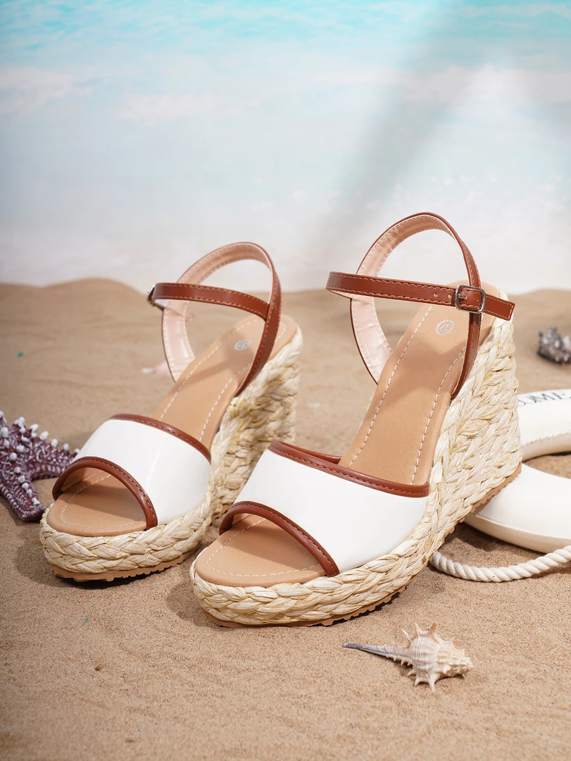 2024夏季新款坡跟凉鞋女欧美时尚草编厚底防水台高跟罗马沙滩鞋