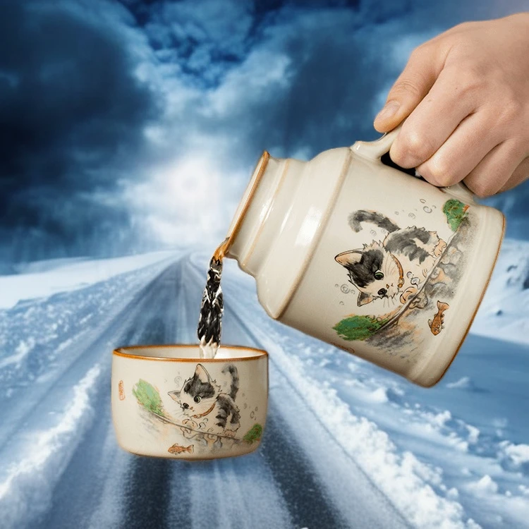 汝窑萌猫暖壶陶瓷马克杯带盖中式水杯家用办公室主人杯焖茶杯暖水