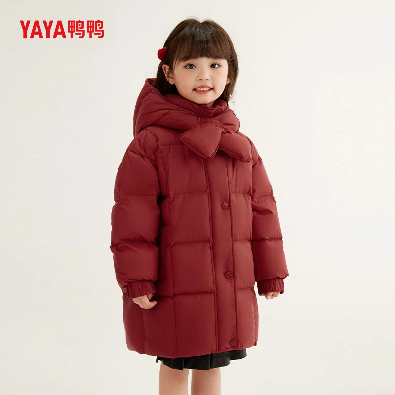 鸭鸭儿童羽绒服女童连帽围脖加厚中长款小童宝宝90童装冬季潮款