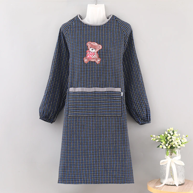 韩版老粗布纯棉围裙可爱格子带袖居家罩衣成人罩衣围裙反穿衣加厚