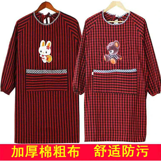 纯棉老粗布围裙长袖厨房韩版时尚防水防油可爱罩衣成人男女工作服