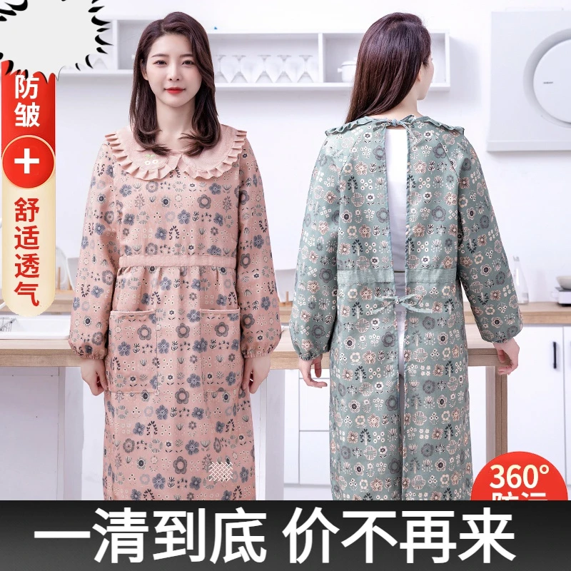 帆布新款2023厨房做饭围裙长袖罩衣工作耐磨透气棉布上班女家围裙