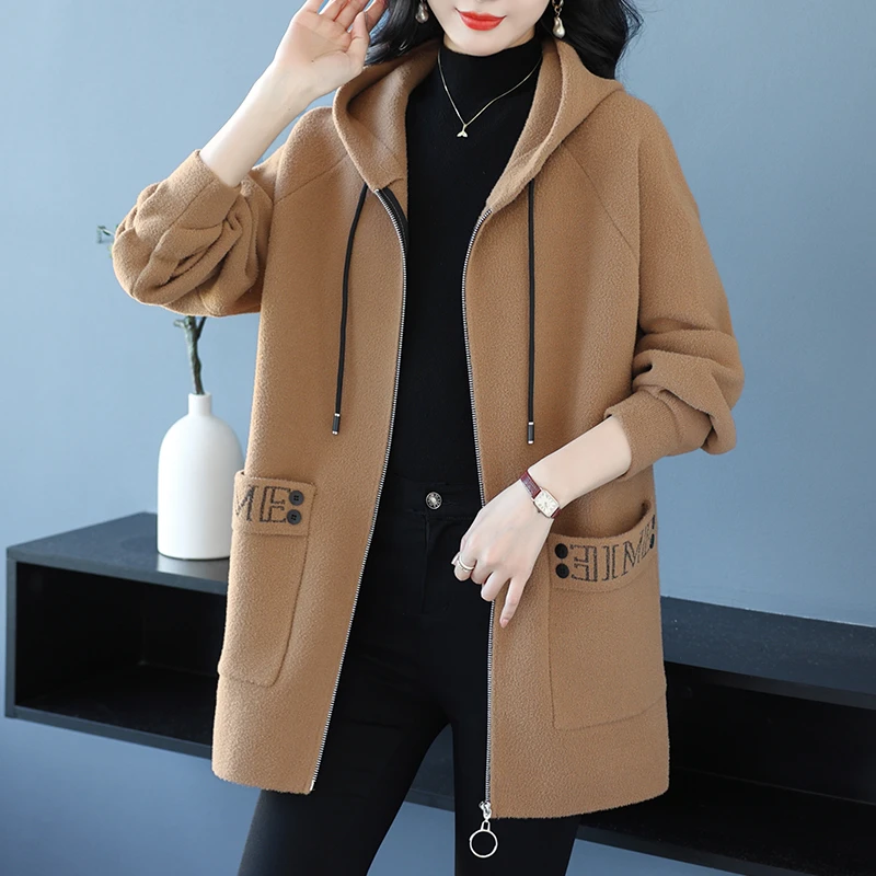 胖妈妈秋冬大码毛呢外套宽松百搭休闲连帽开衫中年女士中长款大衣