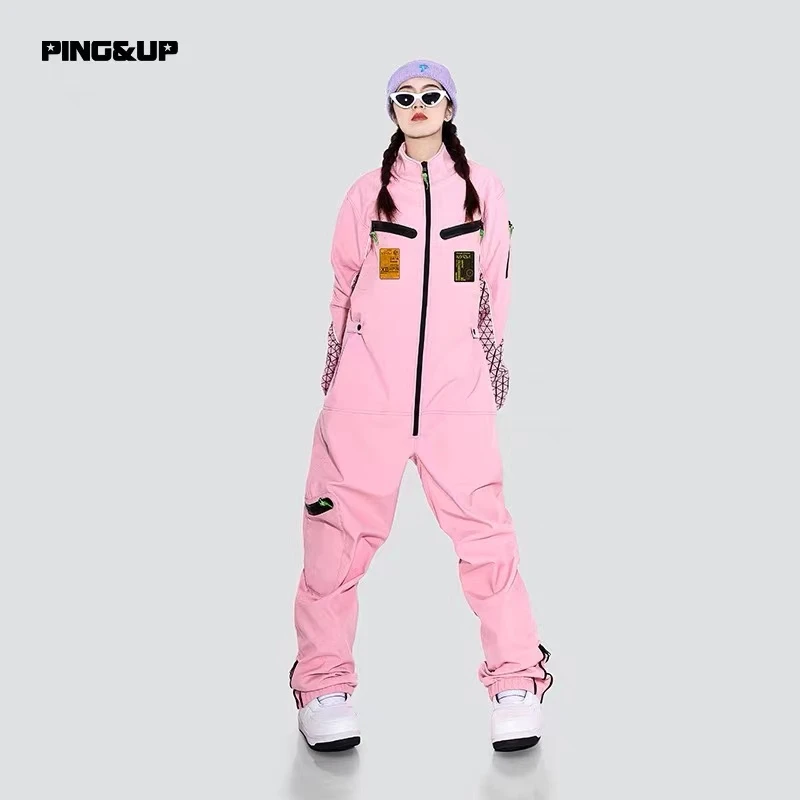 PING&UP滑雪服雪服套装男款连体嘻哈潮牌反光单双板滑雪服女软壳