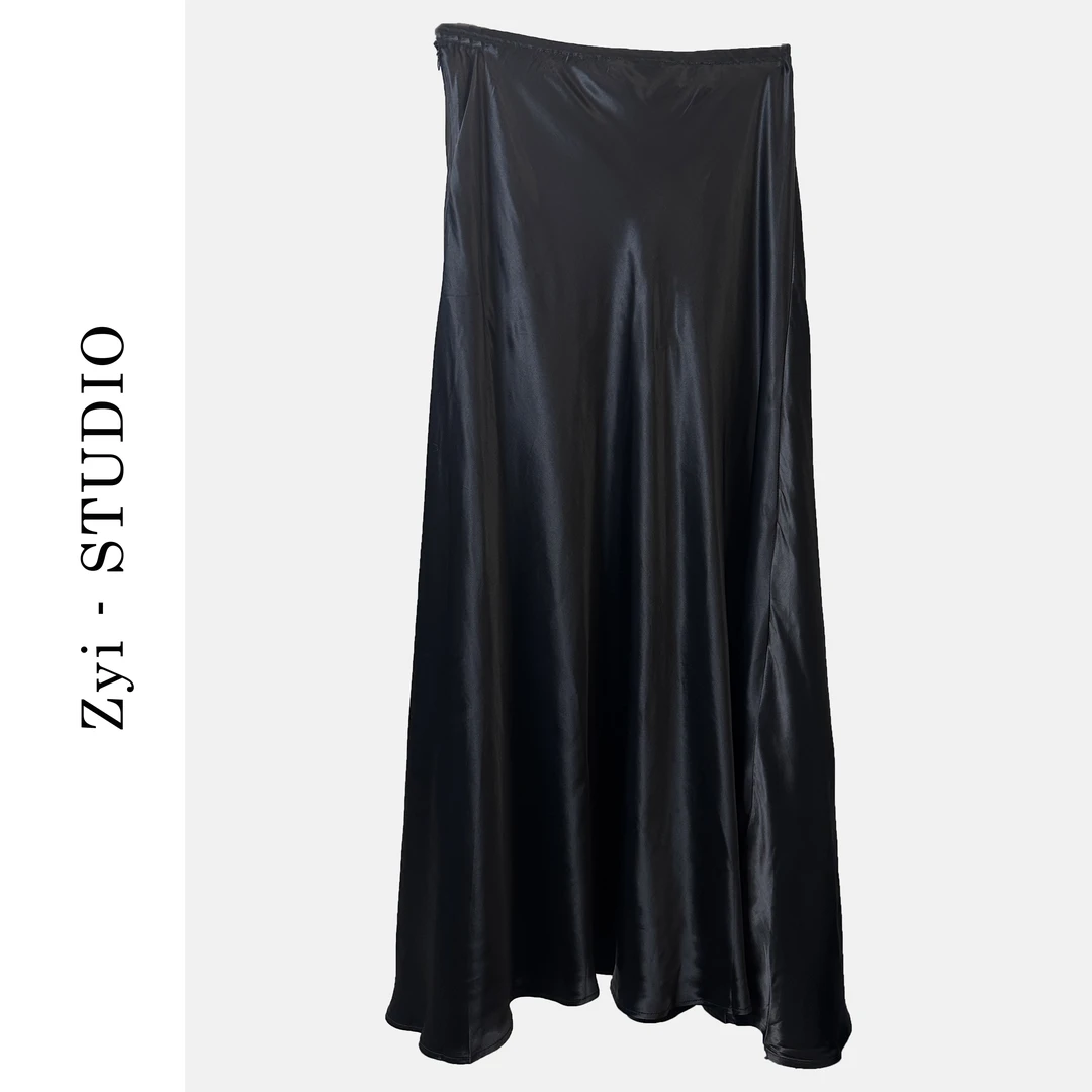 Zyi纯色百搭醋酸半身裙百褶裙子黑色半裙长款