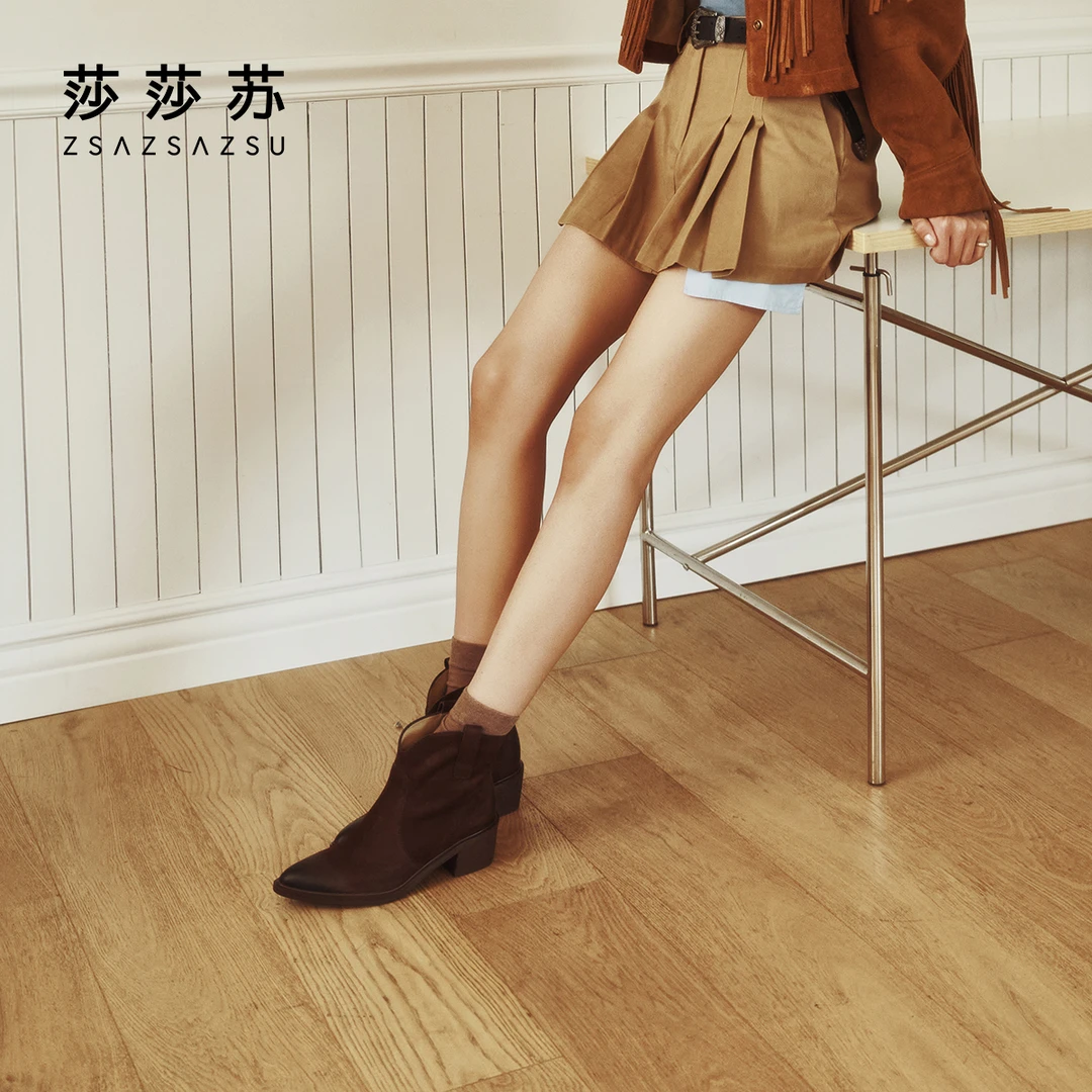 【西部印记】莎莎苏2024冬尖头粗跟棕色切尔西短靴西部靴ZA54705-42