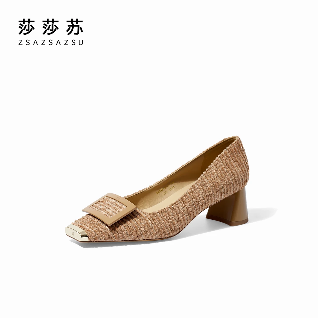 【职场芭蕾】莎莎苏秋新雅丹跟方头通勤法式单鞋ZA54512-10粗跟