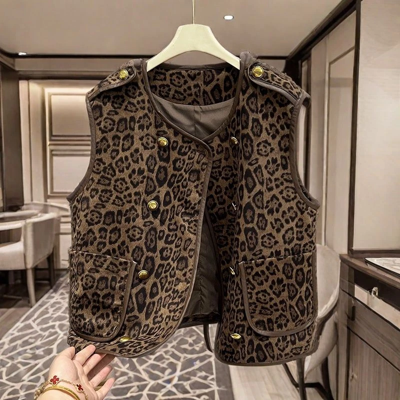 欧洲站双排扣豹纹马甲外套女秋冬2024新款外穿时髦洋气坎肩上衣A1