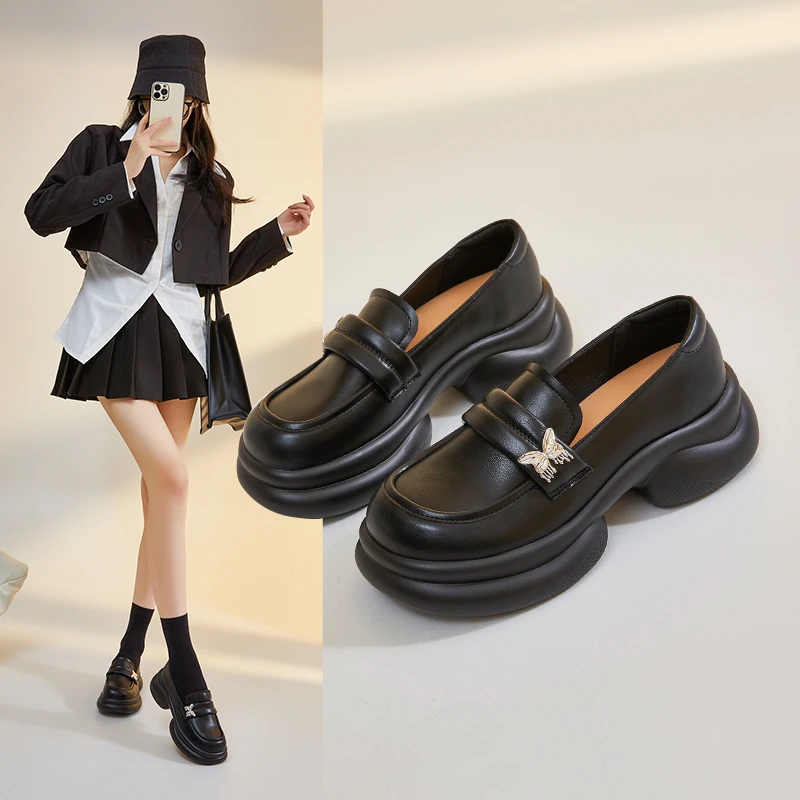 厚底软底真皮乐福鞋女2023新款韩版休闲百搭圆头单鞋圆头乐福鞋