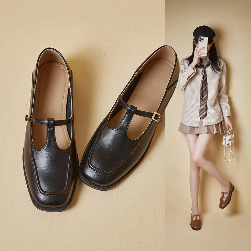 法式复古方头玛丽珍鞋女2024春夏新款平底一字带浅口单鞋通勤瓢鞋