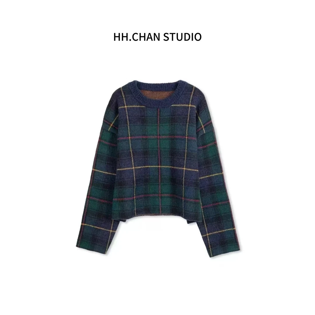 HH.CHAN“劳伦”绿格子劳伦对柜羊驼羊毛针织毛衣HH-6664