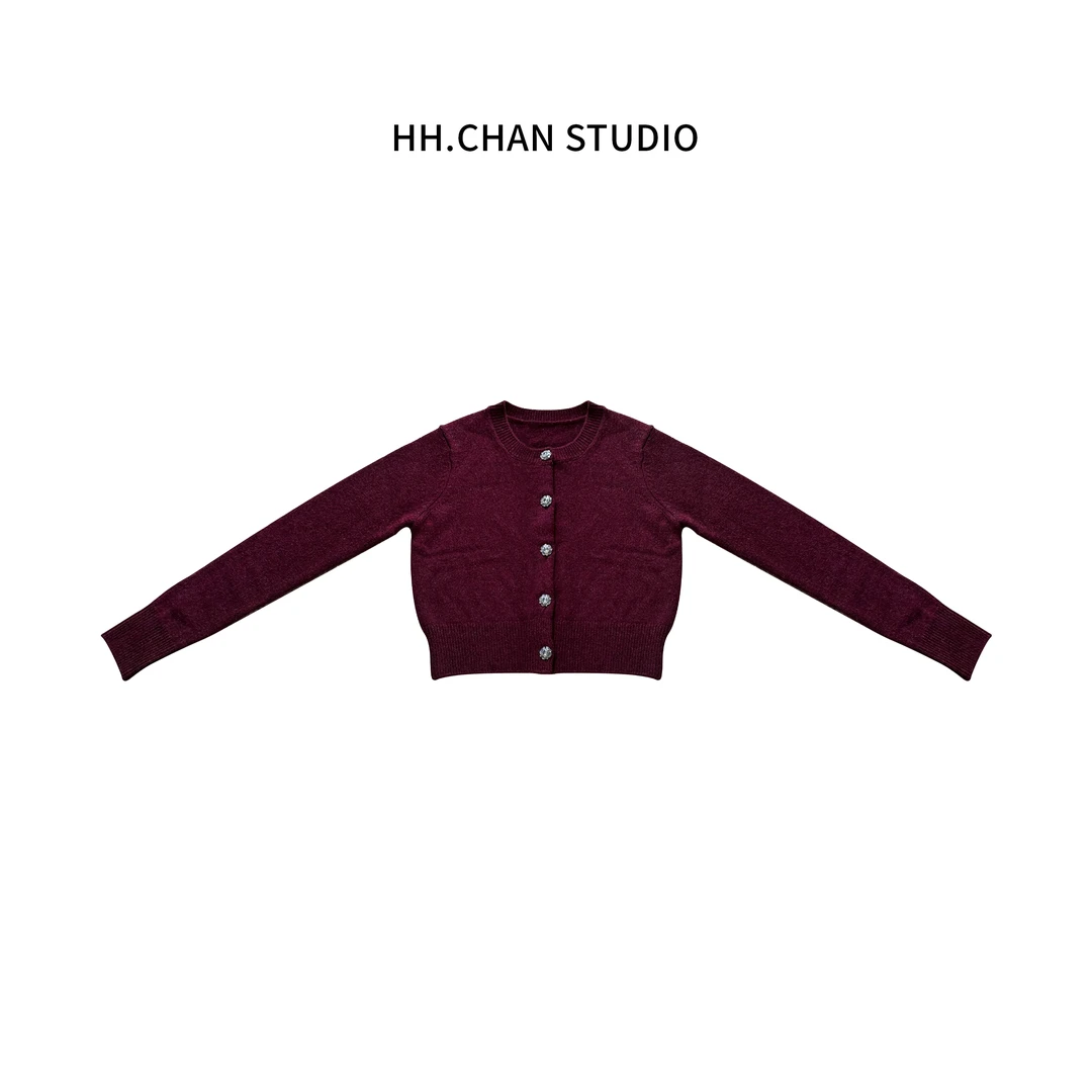 HH.CHAN“优雅气质”意大利100%羊毛定染浆果色毛衣开衫