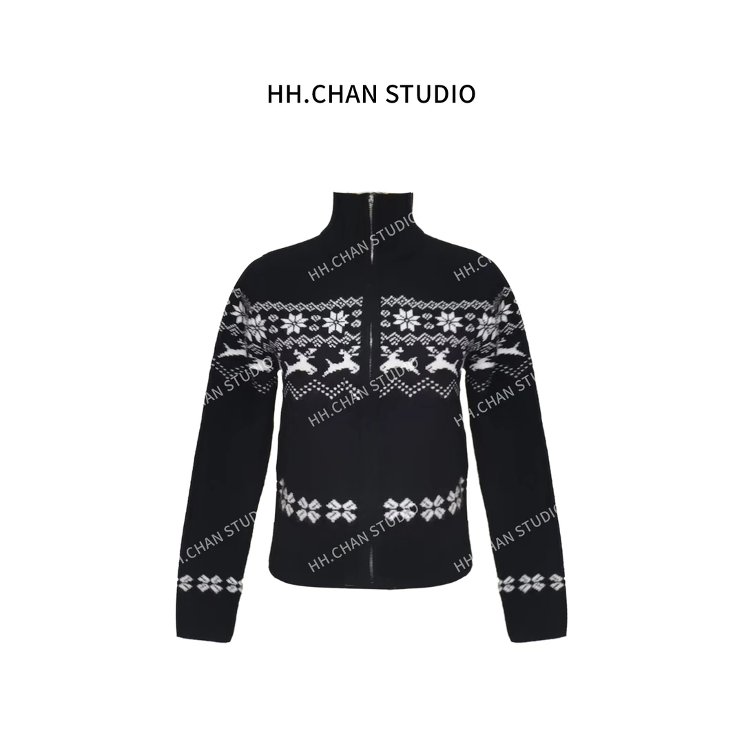 HH.CHAN“智性浪漫”100%美丽诺羊毛费尔岛提花黑白立领毛衣6828