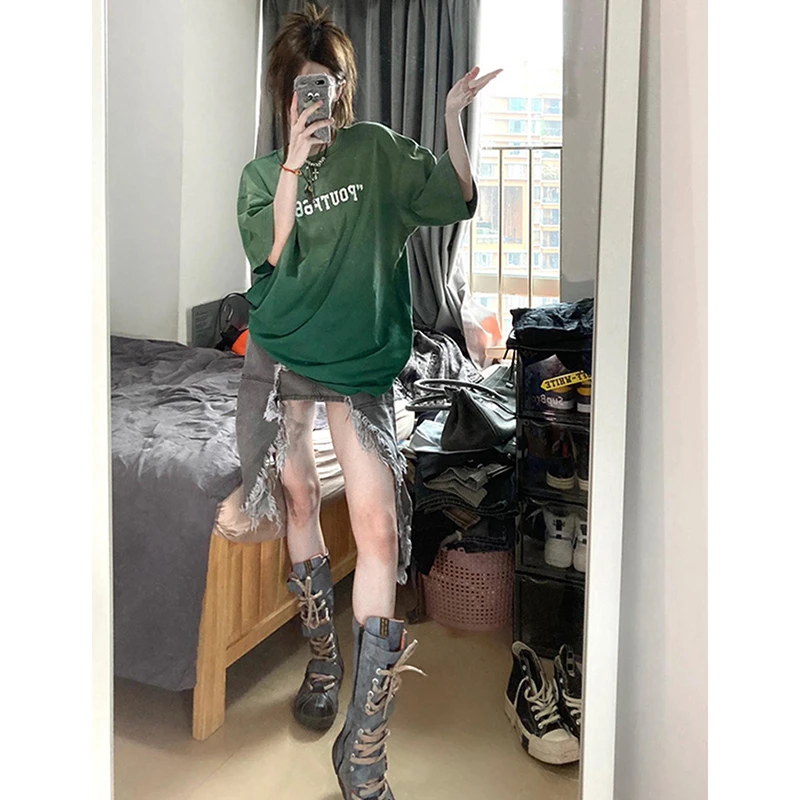 欧货渐变色宽松短袖T恤女夏季新款慵懒风百搭上衣中长款