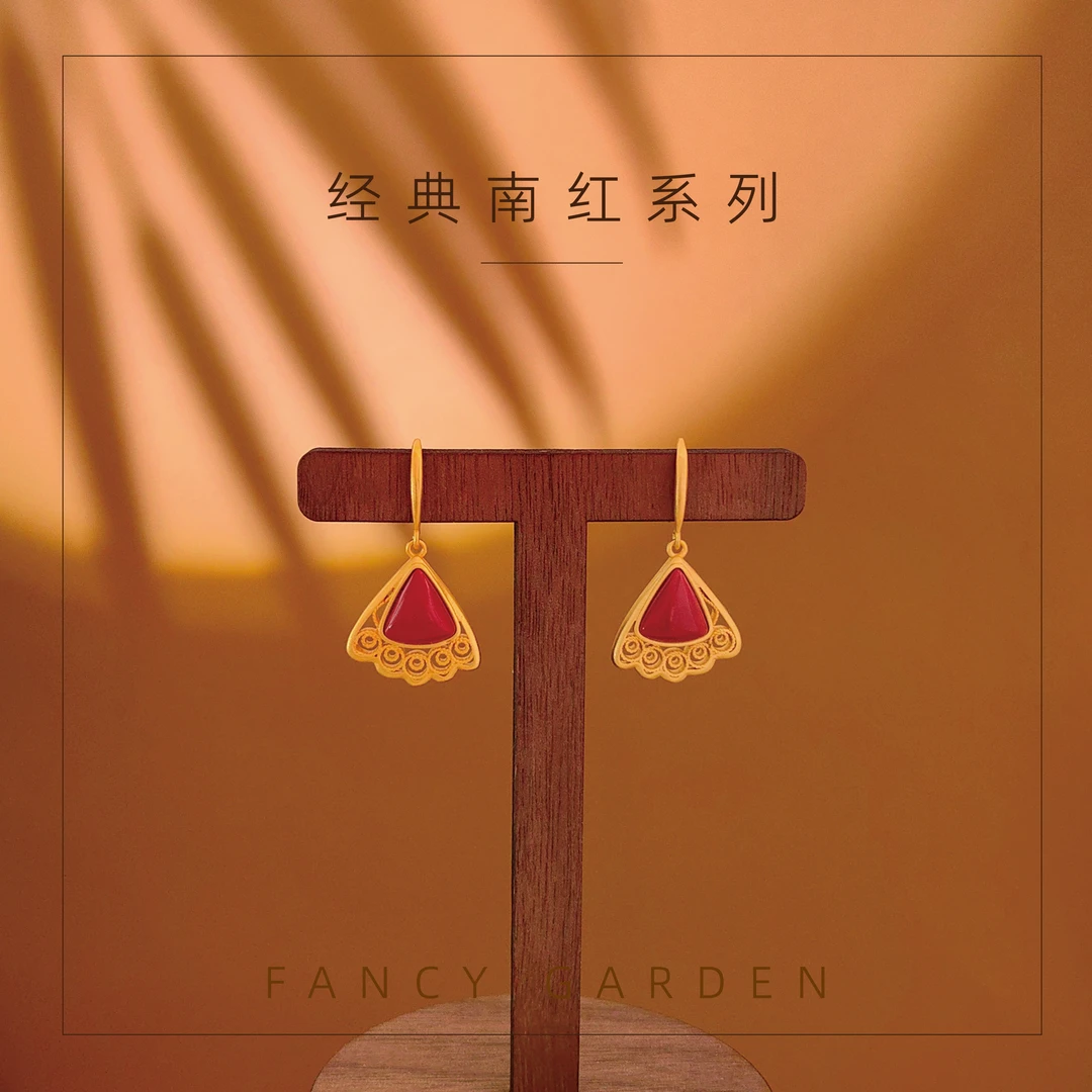 铜合金耳饰 新中式仿南红耳坠丨镀真金大气百搭汉服耳环原创国风