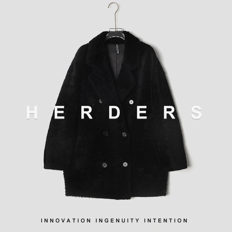 HERDERS 双色潮流时尚西装领纽扣中长款皮草外套 40607