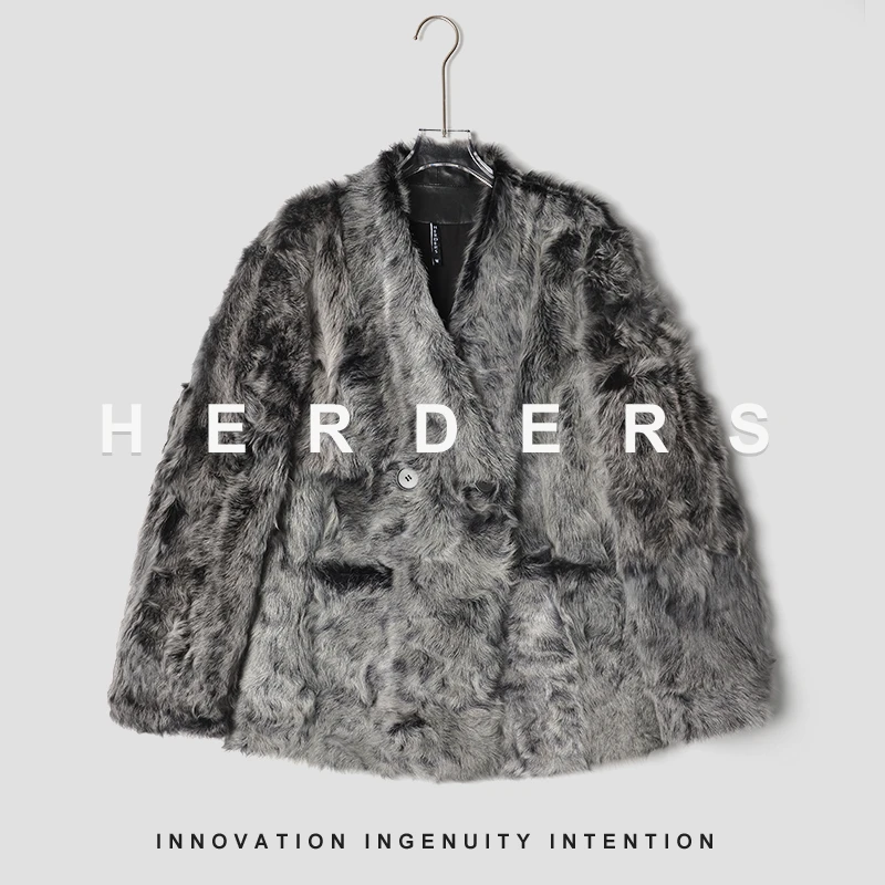 HERDERS 奶咖棕短款口袋V领皮草外套 40873