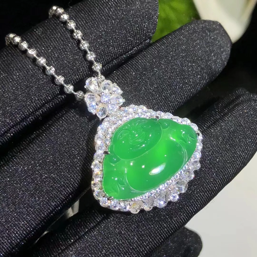 s925银饰镶嵌绿玉髓精美双眼皮设计小号佛公挂件女款封底玉石吊坠