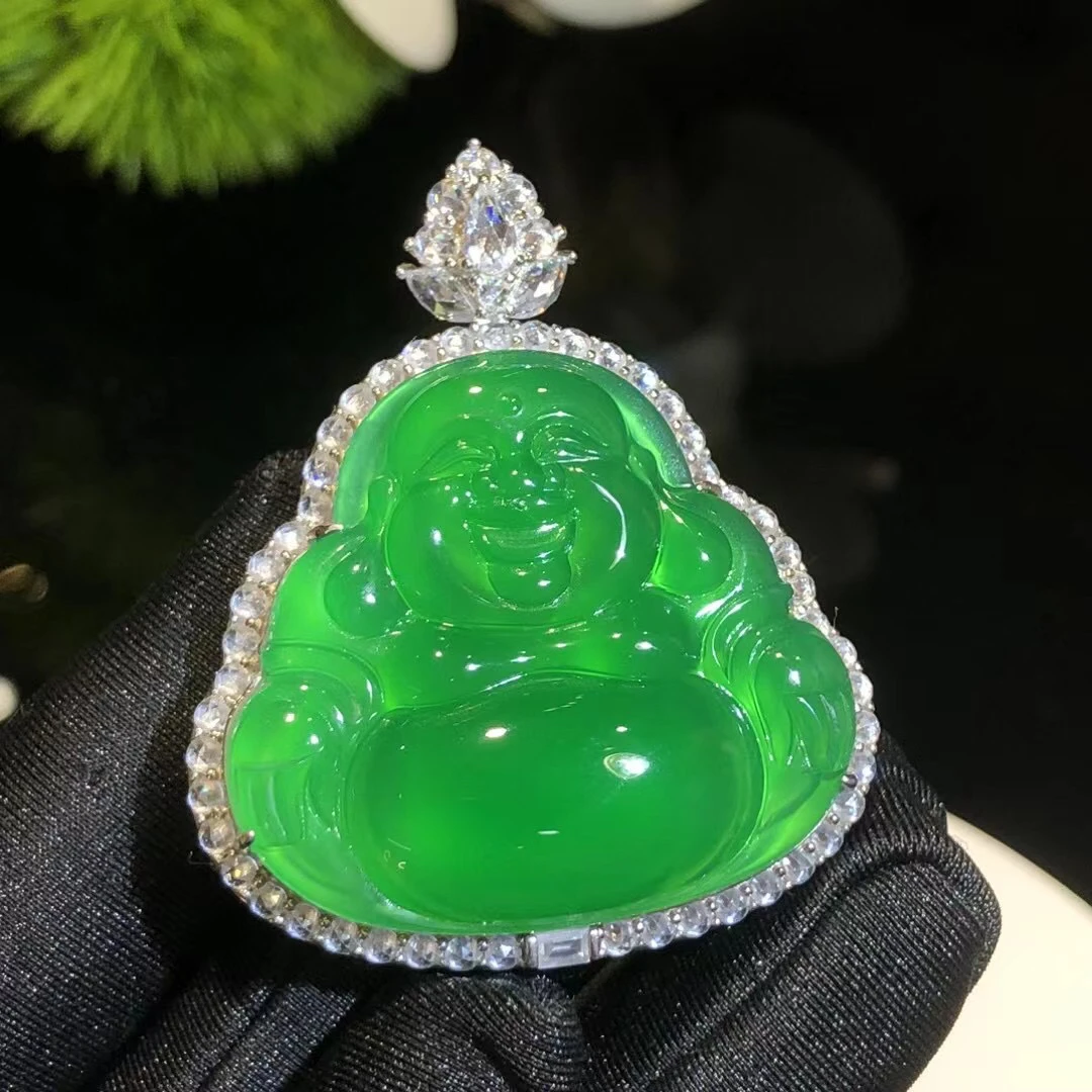 s925银饰镶嵌绿玉髓玫瑰切割钻大号佛公挂件女款磨砂封底玉石吊坠