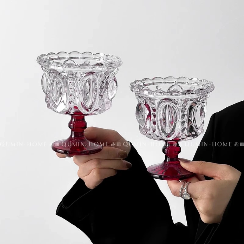 宫廷风透明浮雕水晶冰淇淋玻璃杯高脚杯甜品杯子轻奢高级感ins风