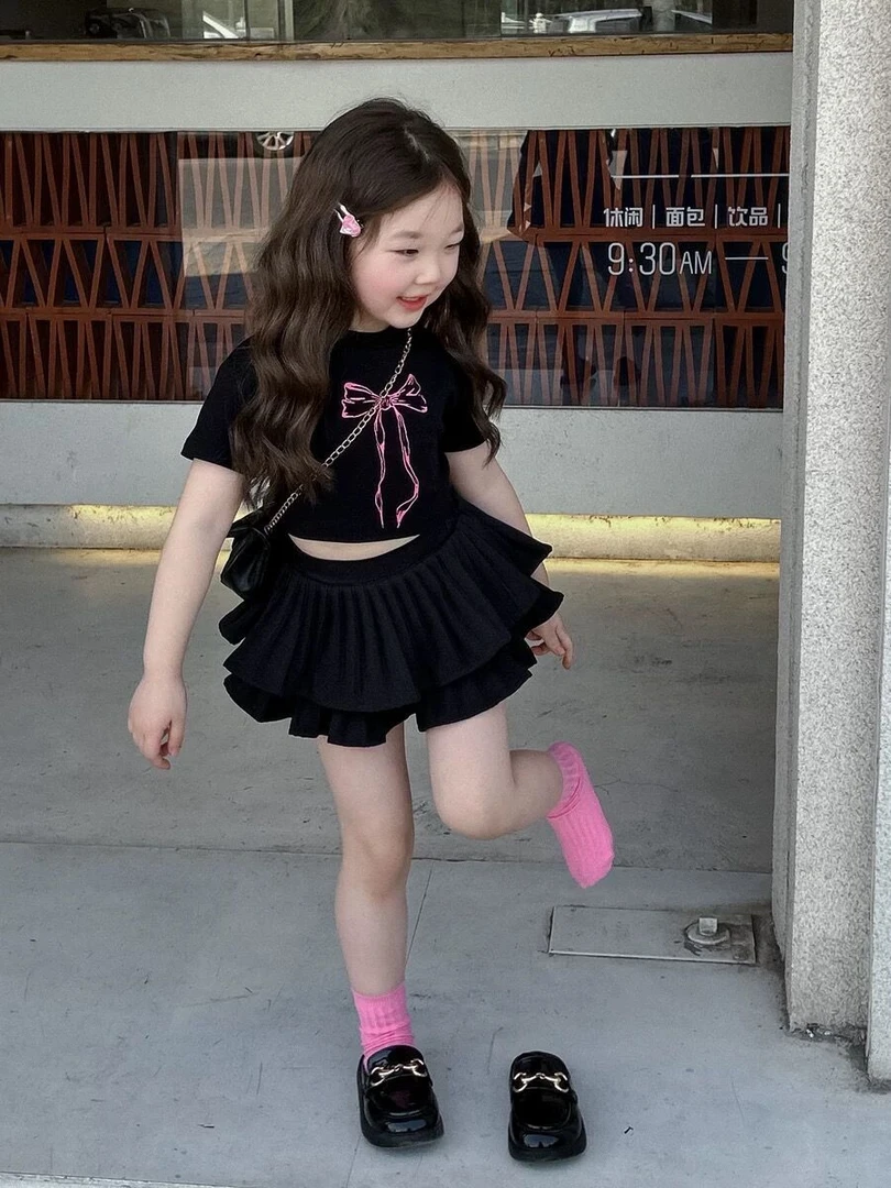 儿童短袖T恤2024夏季新款童装女童韩版蝴蝶结上衣百褶半身裙裤