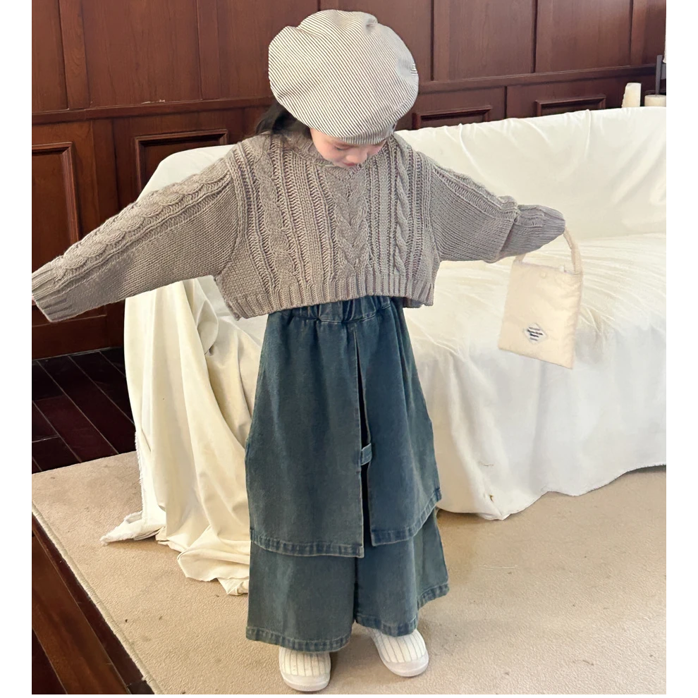 2024秋季新款女童韩版复古小众设计感双层牛仔裤儿童假两件阔腿裤