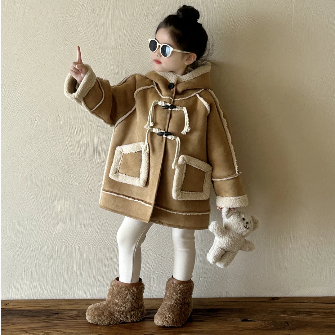 女童韩版外套2024秋冬新款童装中小童洋气中长款一体绒连帽风衣