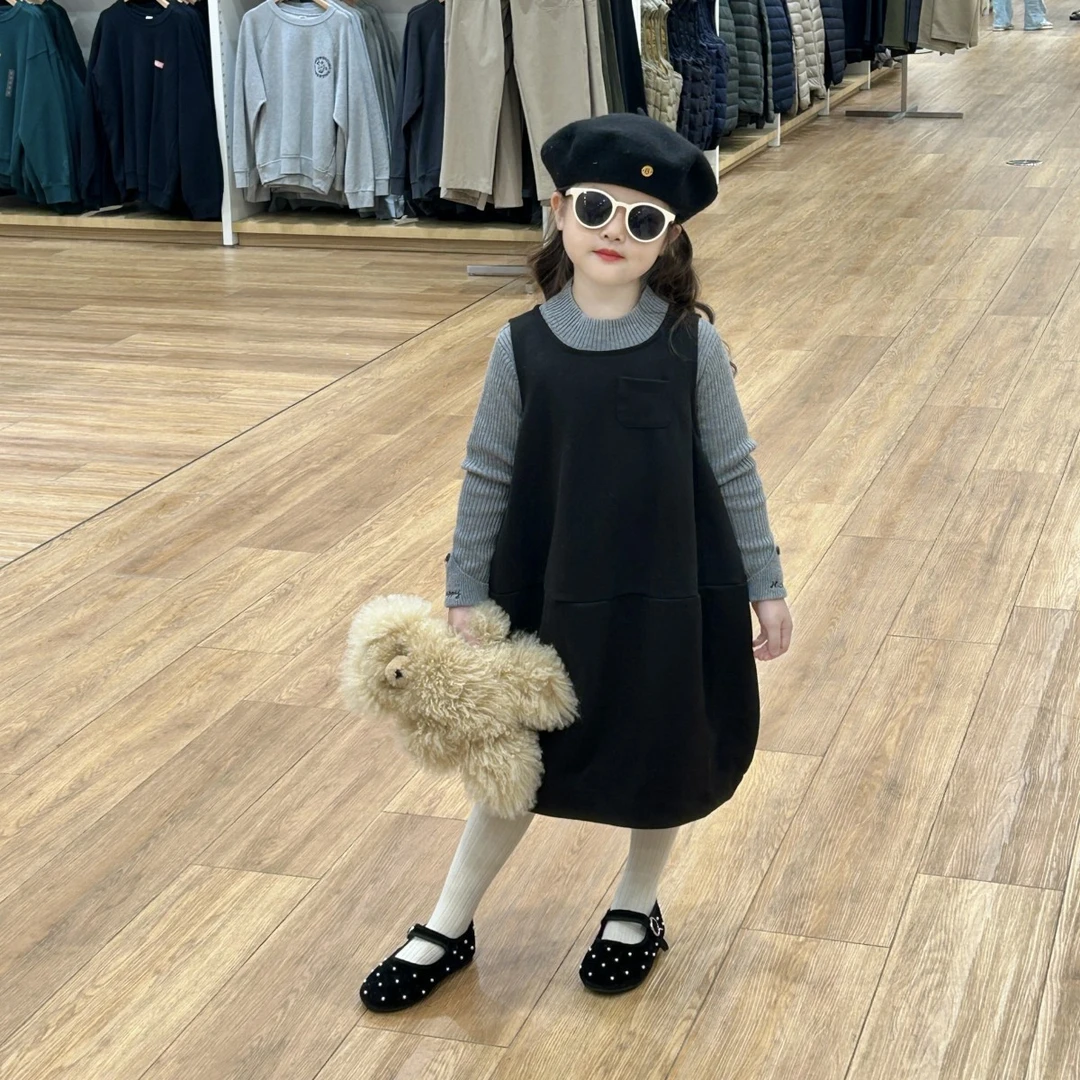 2024秋冬新款童装女童毛呢加厚背心裙宝宝高级洋气简约灯笼连衣裙