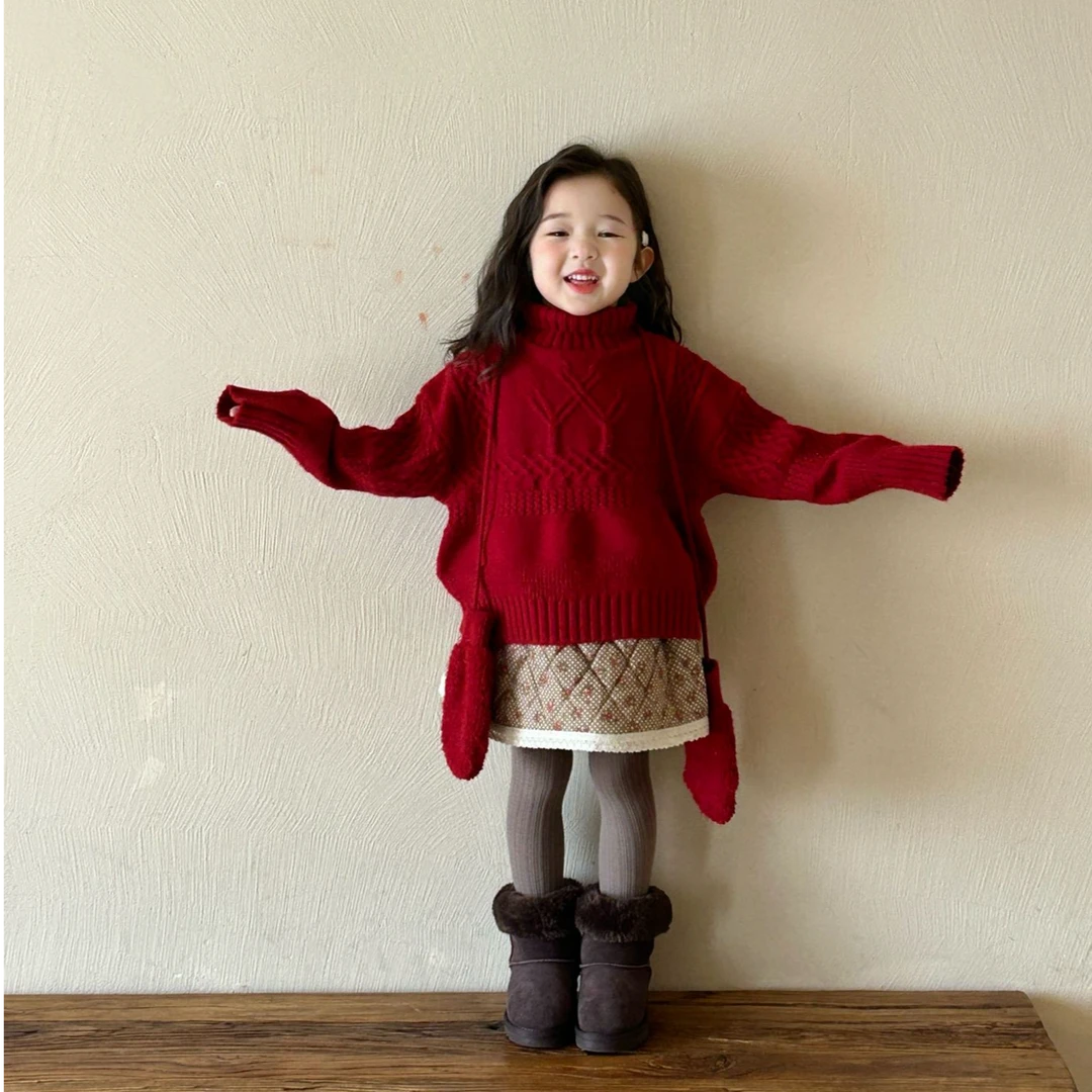 2024冬季女童高领毛线衣幼儿园宝宝圣诞款新年毛衣（带手套）套装