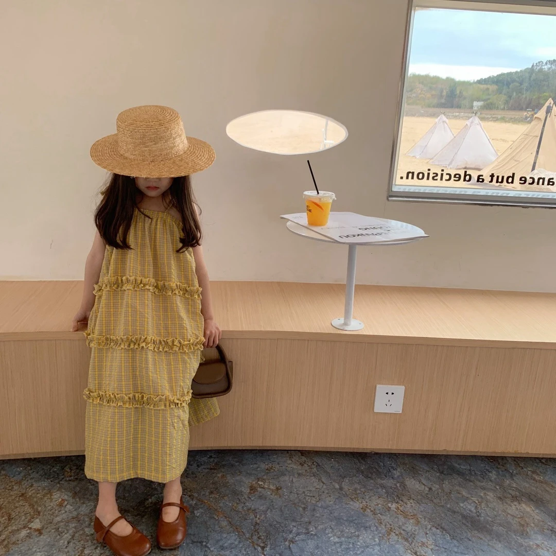 夏清【派对】夏季女童黄色格子韩版棉纯色可爱气质连衣裙无袖裙