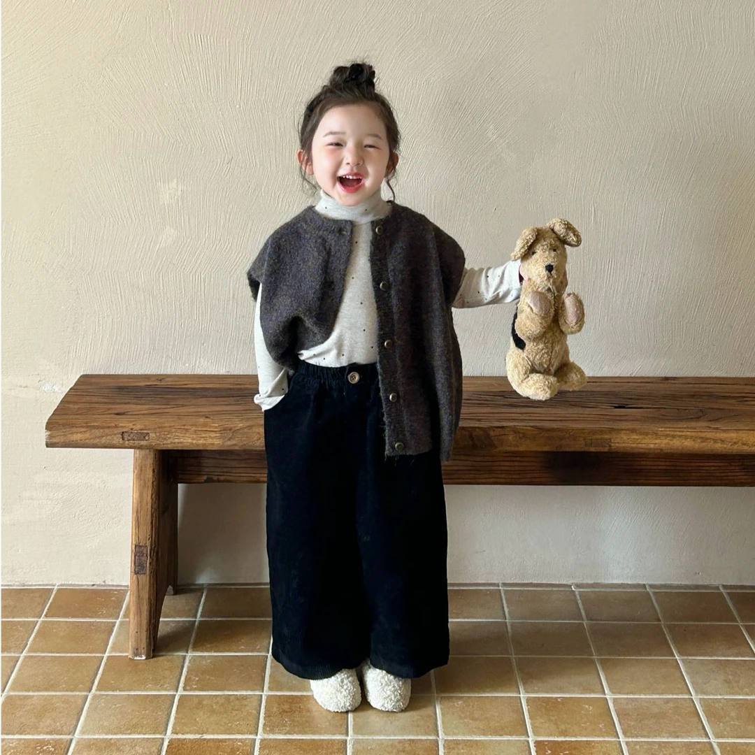 2025秋儿童马甲套装季韩版童装女童复古彩丝针织毛线开衫宽版马甲