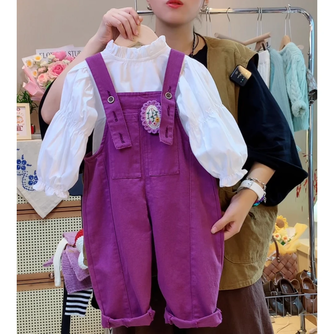 2025年男女童春季韩版不掉色吊带裤时尚宝宝紫色背带裤九分裤