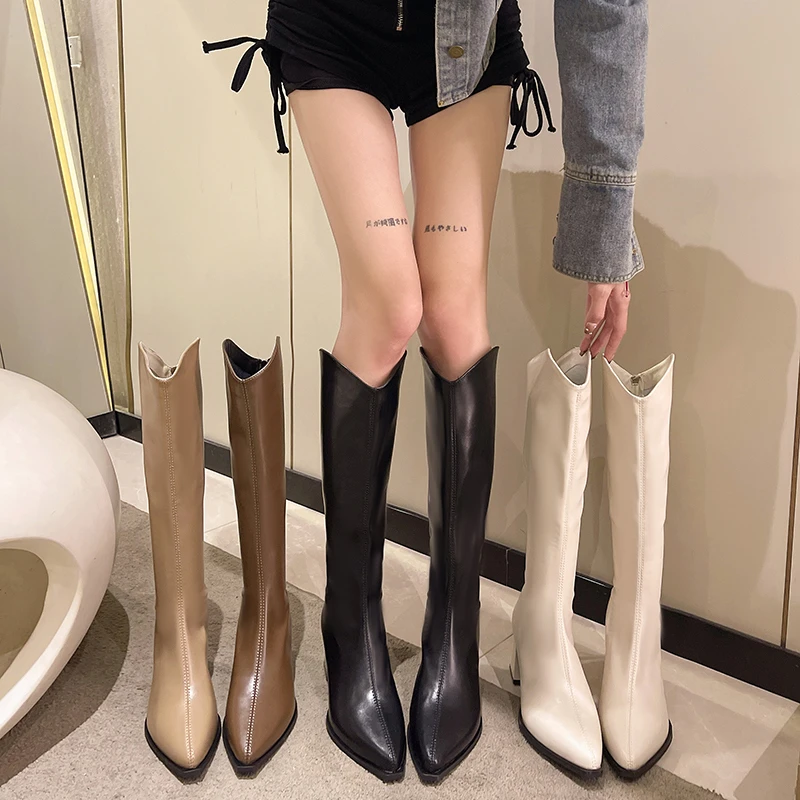 时尚女靴百搭骑士长靴女粗跟2023年秋冬网红尖头高跟瘦瘦长筒靴