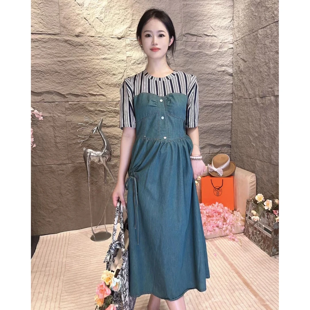 设计感小众假两件牛仔气质连衣裙女夏季新款显瘦收腰温柔风长裙