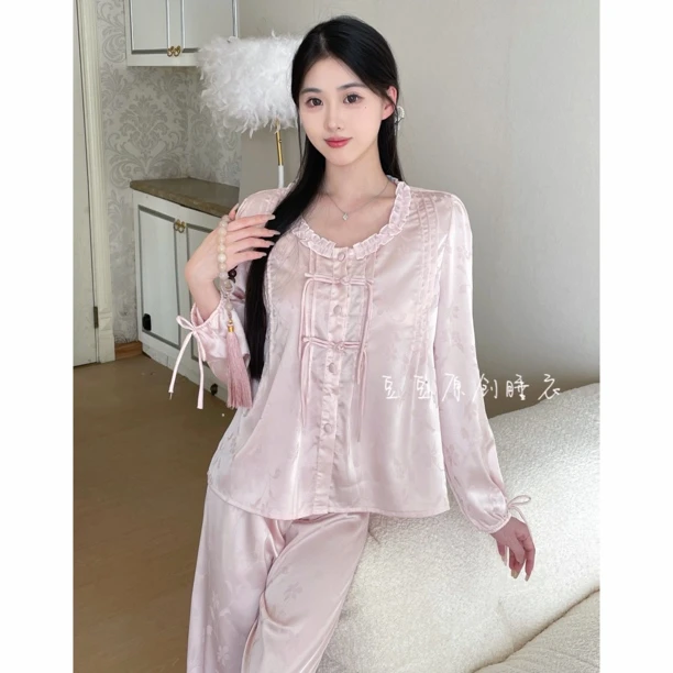 柔柔【桃花香】月光丝睡衣新中式长袖显瘦宽松显白透气夏薄款