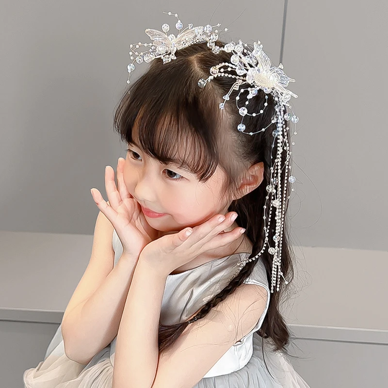 超仙蝴蝶流苏发饰女童古风汉服发夹儿童水晶演出森系公主高级头饰