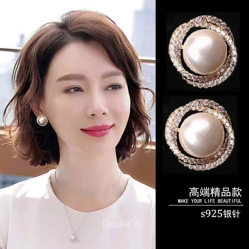 铜合金莫桑石耳饰铜合金耳饰银针耳钉女气质珍珠高档满钻耳环