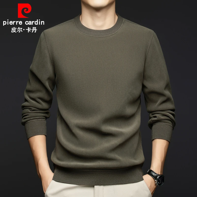 皮尔卡丹大牌正品奥粒绒圆领卫衣男秋冬加绒保暖纯色百搭打底衫潮