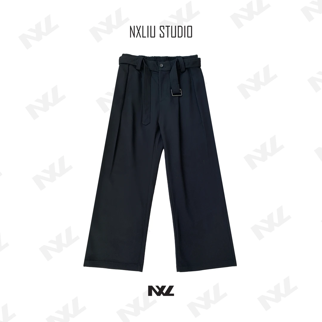 羊毛天丝打褶腰带半松紧休闲长裤