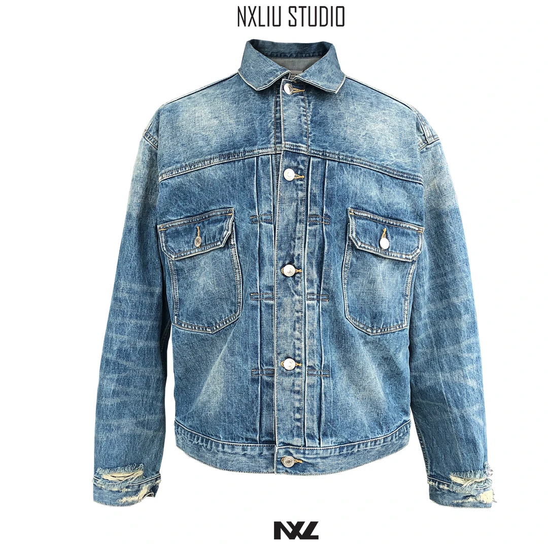 水洗磨白破洞设计重磅丹宁牛仔夹克