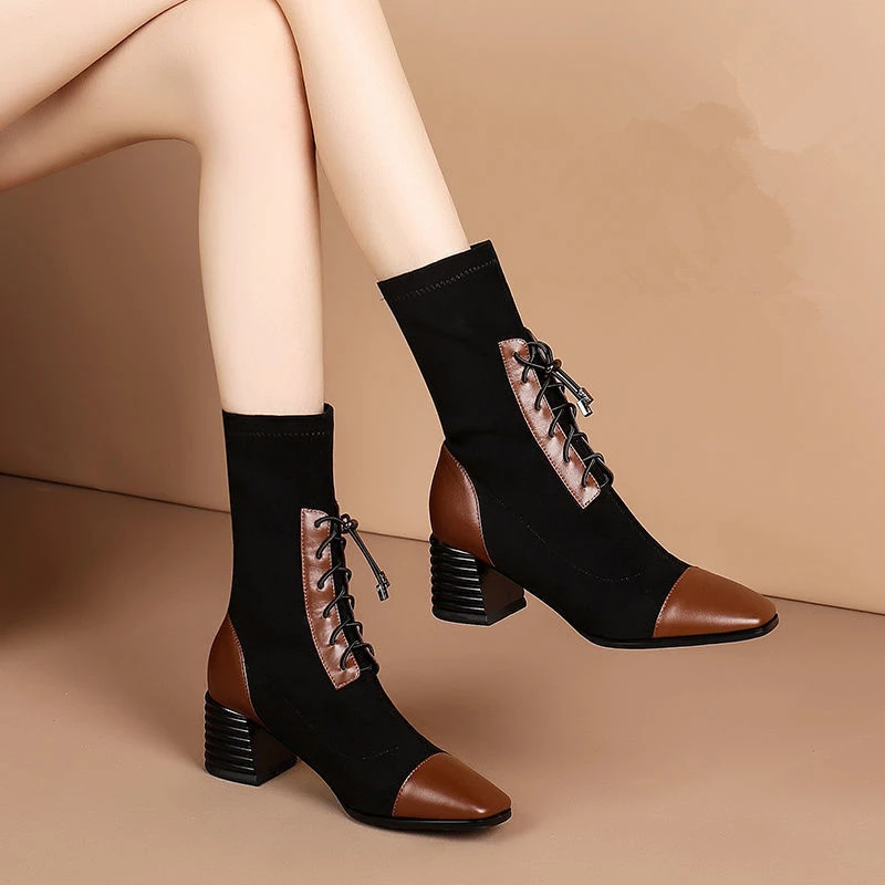 时尚百搭方头袜子靴2023新款尖头软粗跟中筒靴百搭弹力高跟瘦瘦靴