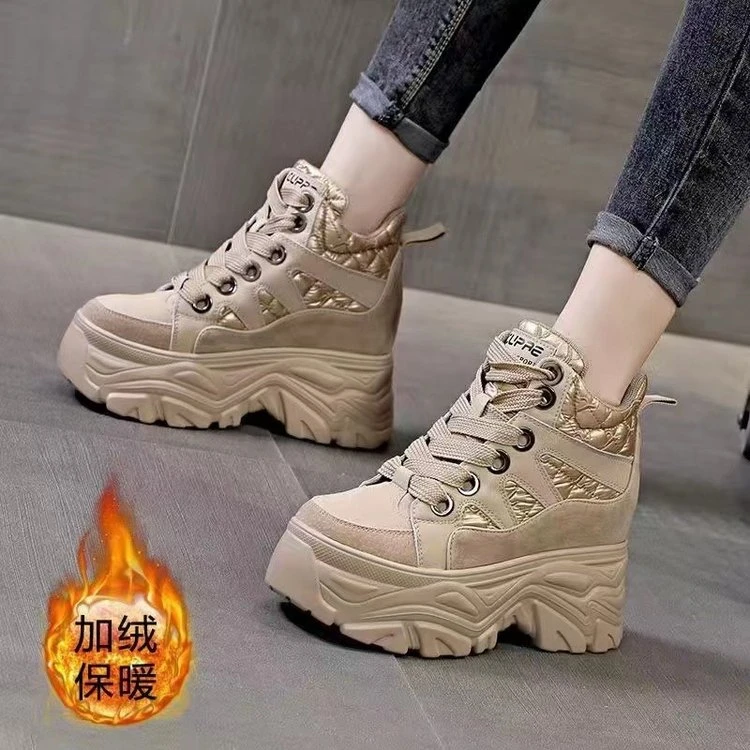 小个子内增高老爹鞋2023新款复古加绒百搭厚底女鞋保暖防水雪地靴