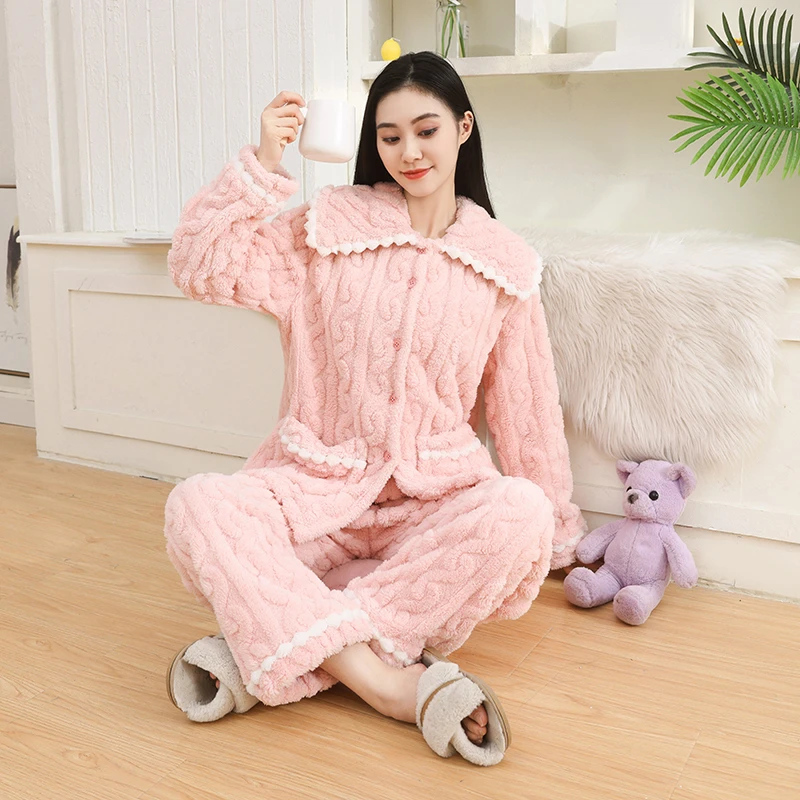 2024新款法兰绒珊瑚绒睡衣女秋冬保暖套装加绒加厚大码家居服套装