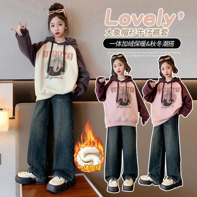 女童秋冬加绒连帽卫衣2024新款中大童冬季加厚女孩一体绒拼色上衣