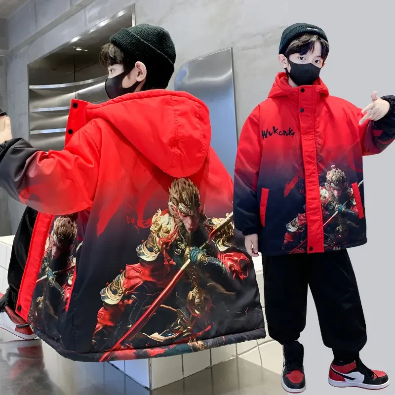 悟空红色派克服2025款男童冬装外套加绒服童装儿童冬季加厚风衣