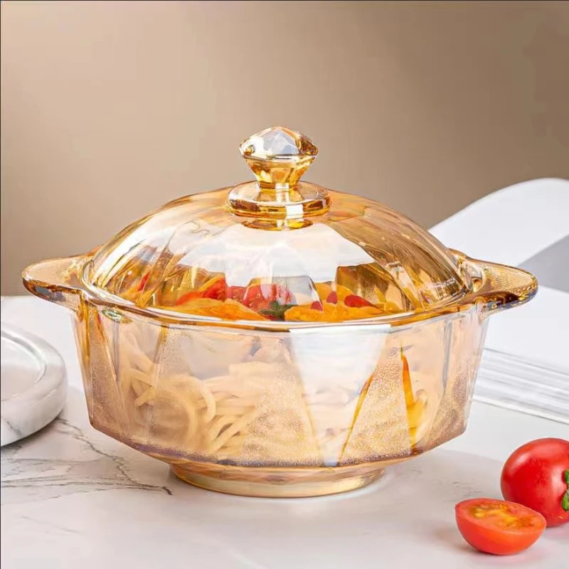 【宠粉福利】琥珀色钻石煲玻璃碗磨砂双耳带盖吃饭泡面碗家用汤碗