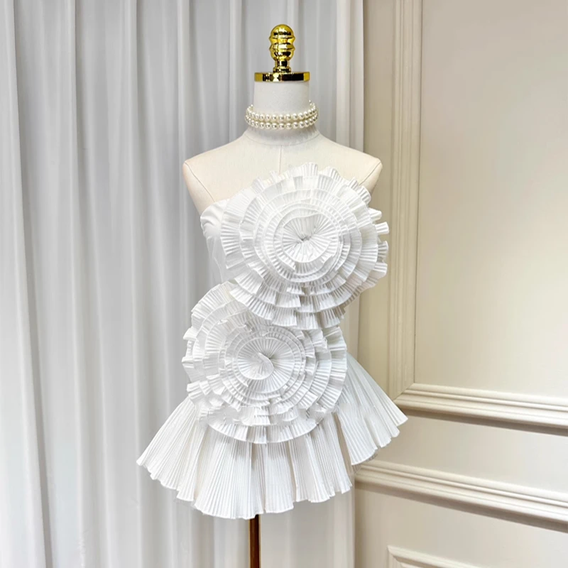 设计款气质立体层层大花朵抹胸收腰A字百褶边中长款上衣无袖衬衣